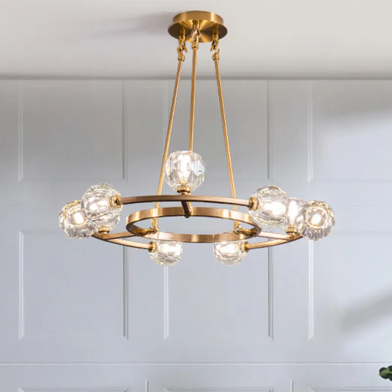 9-Head Modern Gold Chandelier with Crystal Balls - Elegant Hanging Light for Great Room