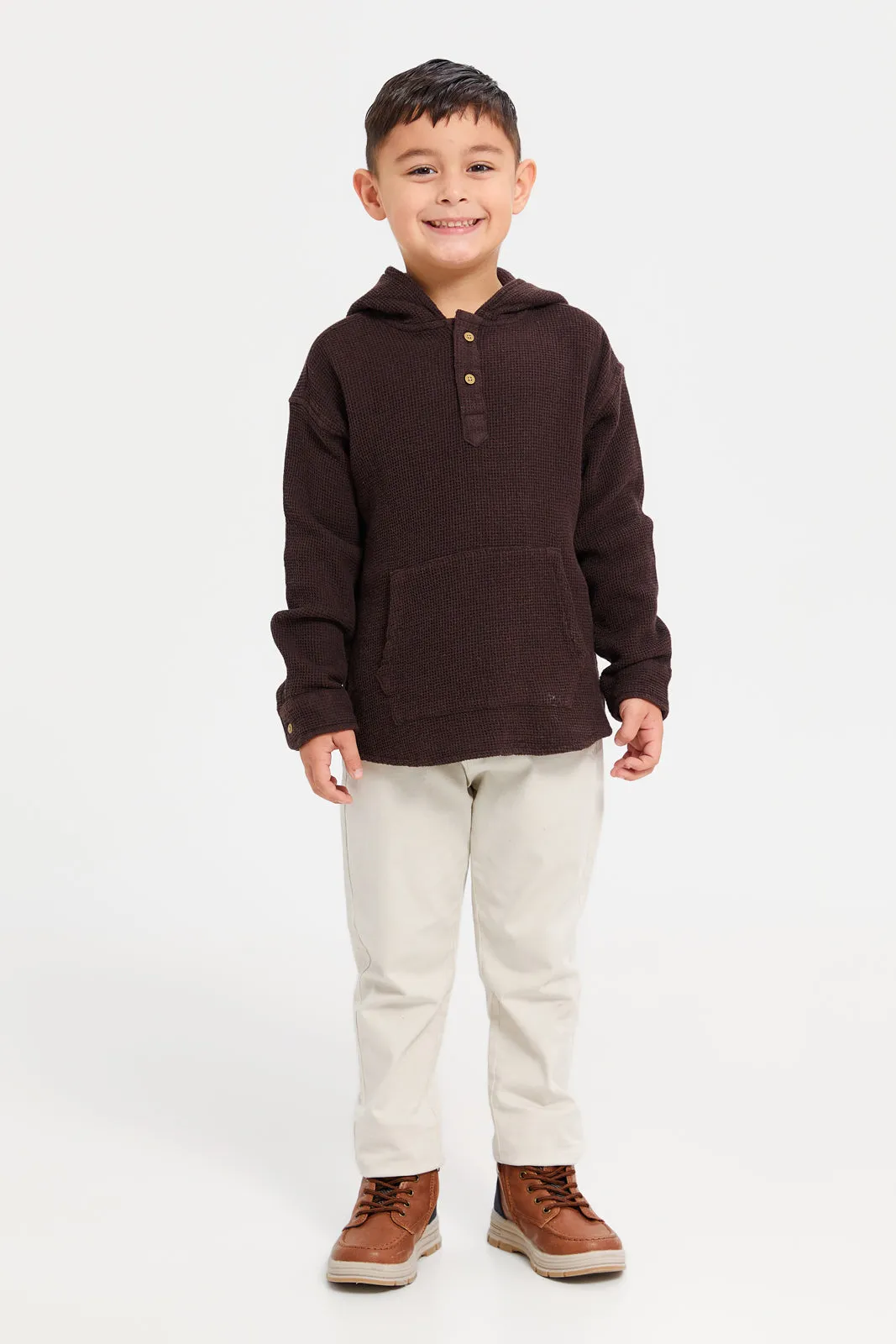 Boys Brown Loose Fit Hooded Shirt