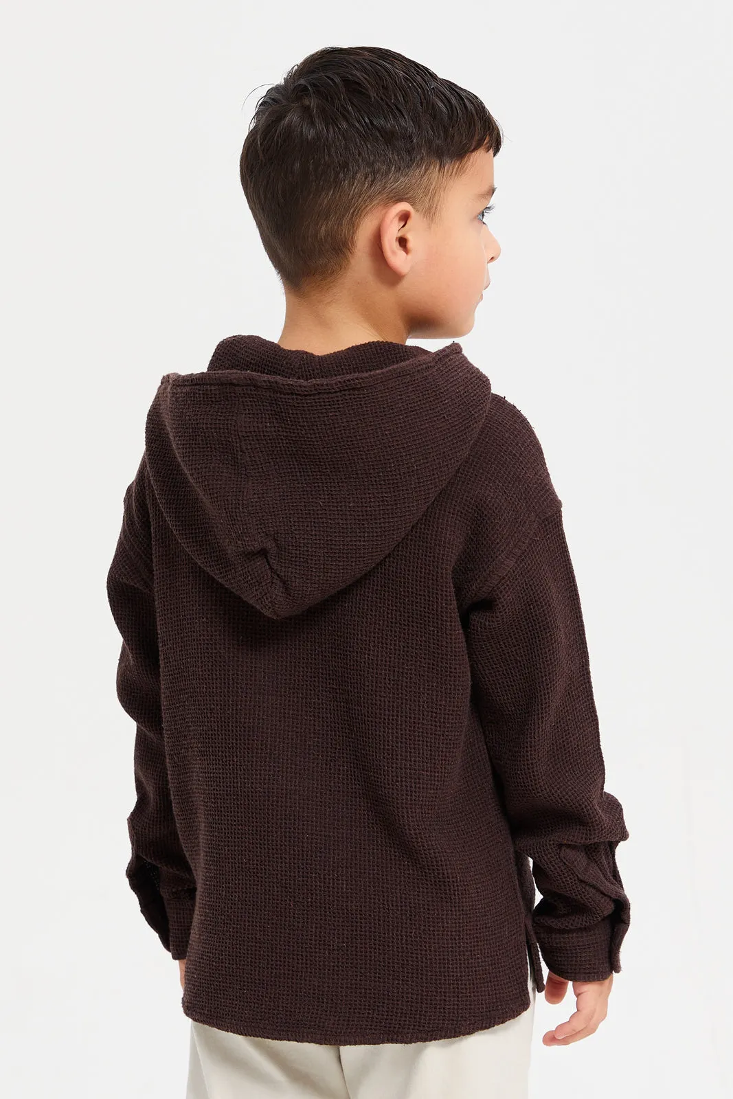 Boys Brown Loose Fit Hooded Shirt