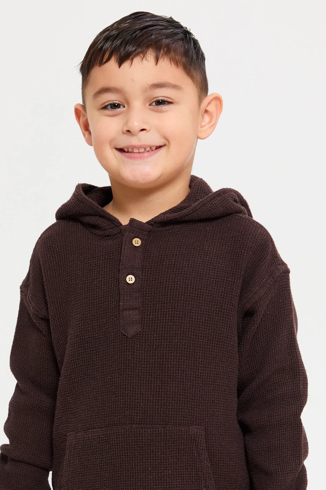 Boys Brown Loose Fit Hooded Shirt