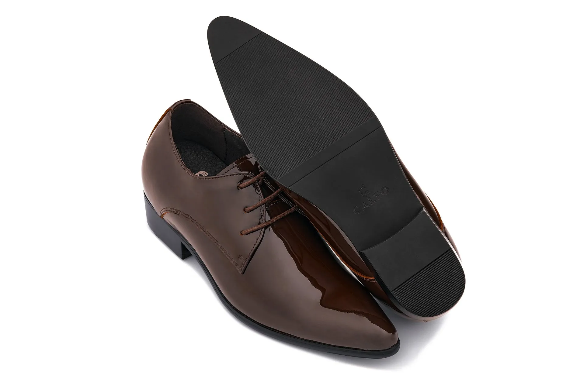 CALTO - K2727 - 2.8 Inches Taller (Chocolate Brown) - Patent Leather Sharp Toe Dress Derbies - Lightweight