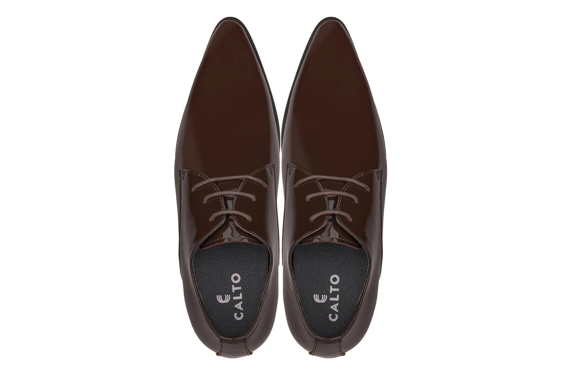 CALTO - K2727 - 2.8 Inches Taller (Chocolate Brown) - Patent Leather Sharp Toe Dress Derbies - Lightweight