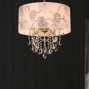 Crystal Vintage 5-Light Pendant Chandelier with Flower Pattern and Chrome Printing Fabric Shade