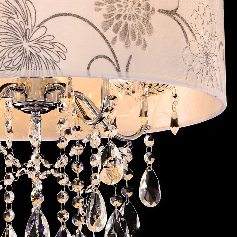 Crystal Vintage 5-Light Pendant Chandelier with Flower Pattern and Chrome Printing Fabric Shade