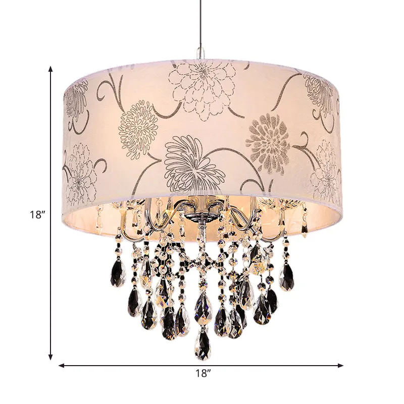 Crystal Vintage 5-Light Pendant Chandelier with Flower Pattern and Chrome Printing Fabric Shade