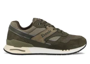 Etonic Stable Base sneakers in military green mesh fabric and military green suede with multi-layer tonal leather inserts.