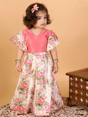 Jashvi SISHU Girl's Pink Printed Skirt And Ruffle Sleeves Crop Top Set