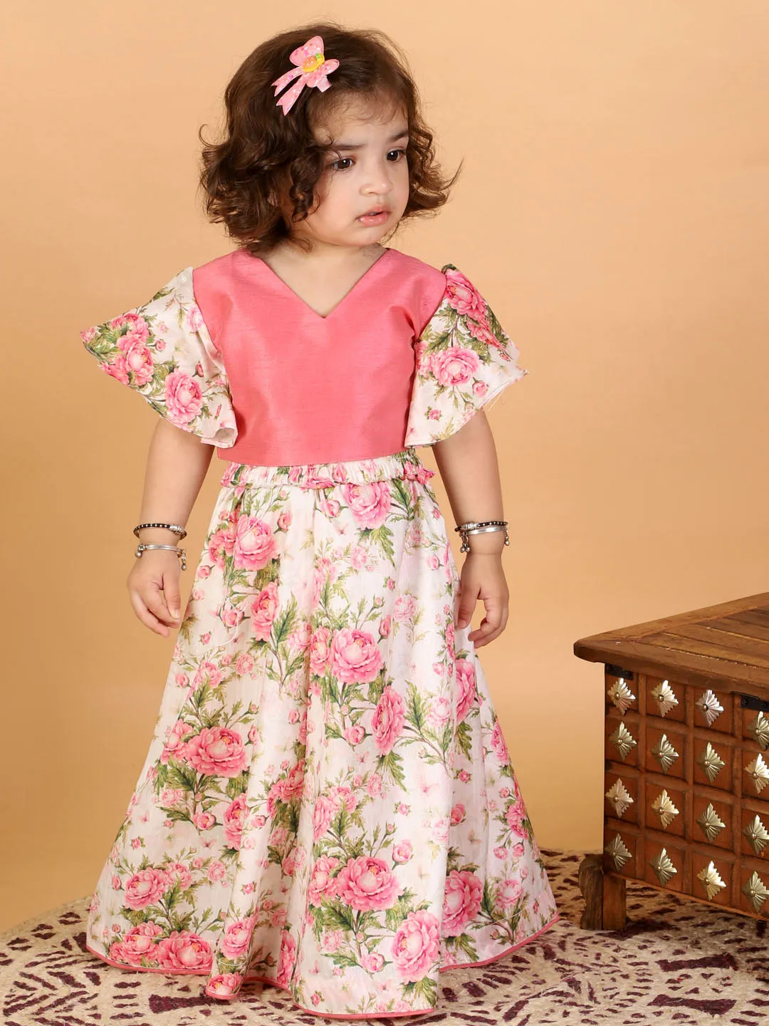 Jashvi SISHU Girl's Pink Printed Skirt And Ruffle Sleeves Crop Top Set