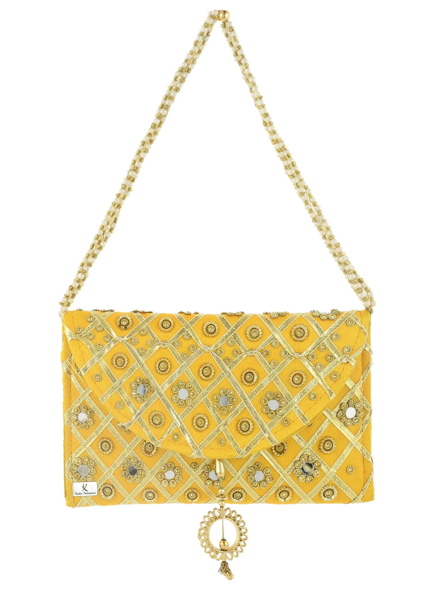 Kuber Industries Silk Traditional Mirror Work Envelope Clutch/Hand Purse Bag for Women/Girls (Gold)-KUBMART11451