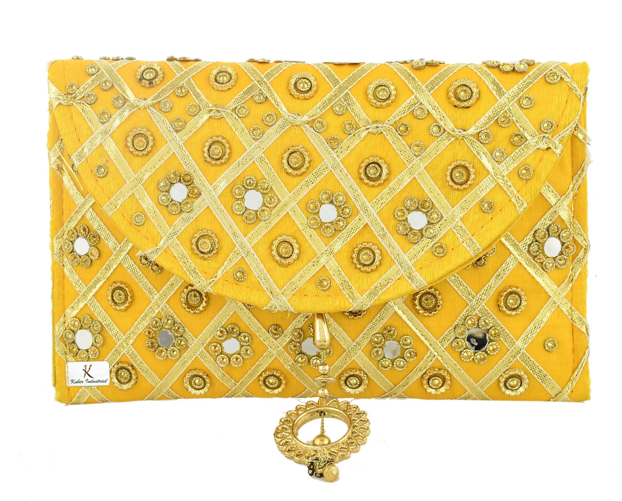 Kuber Industries Silk Traditional Mirror Work Envelope Clutch/Hand Purse Bag for Women/Girls (Gold)-KUBMART11451