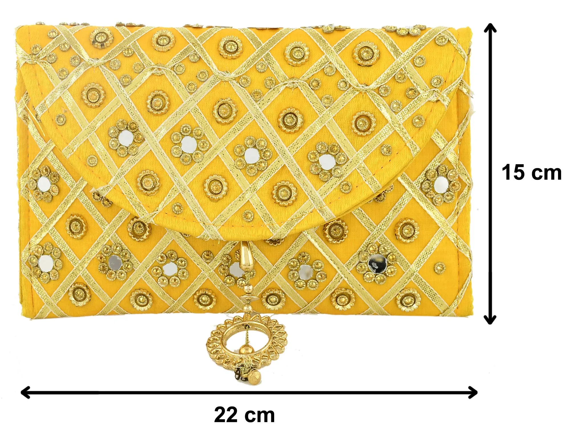 Kuber Industries Silk Traditional Mirror Work Envelope Clutch/Hand Purse Bag for Women/Girls (Gold)-KUBMART11451