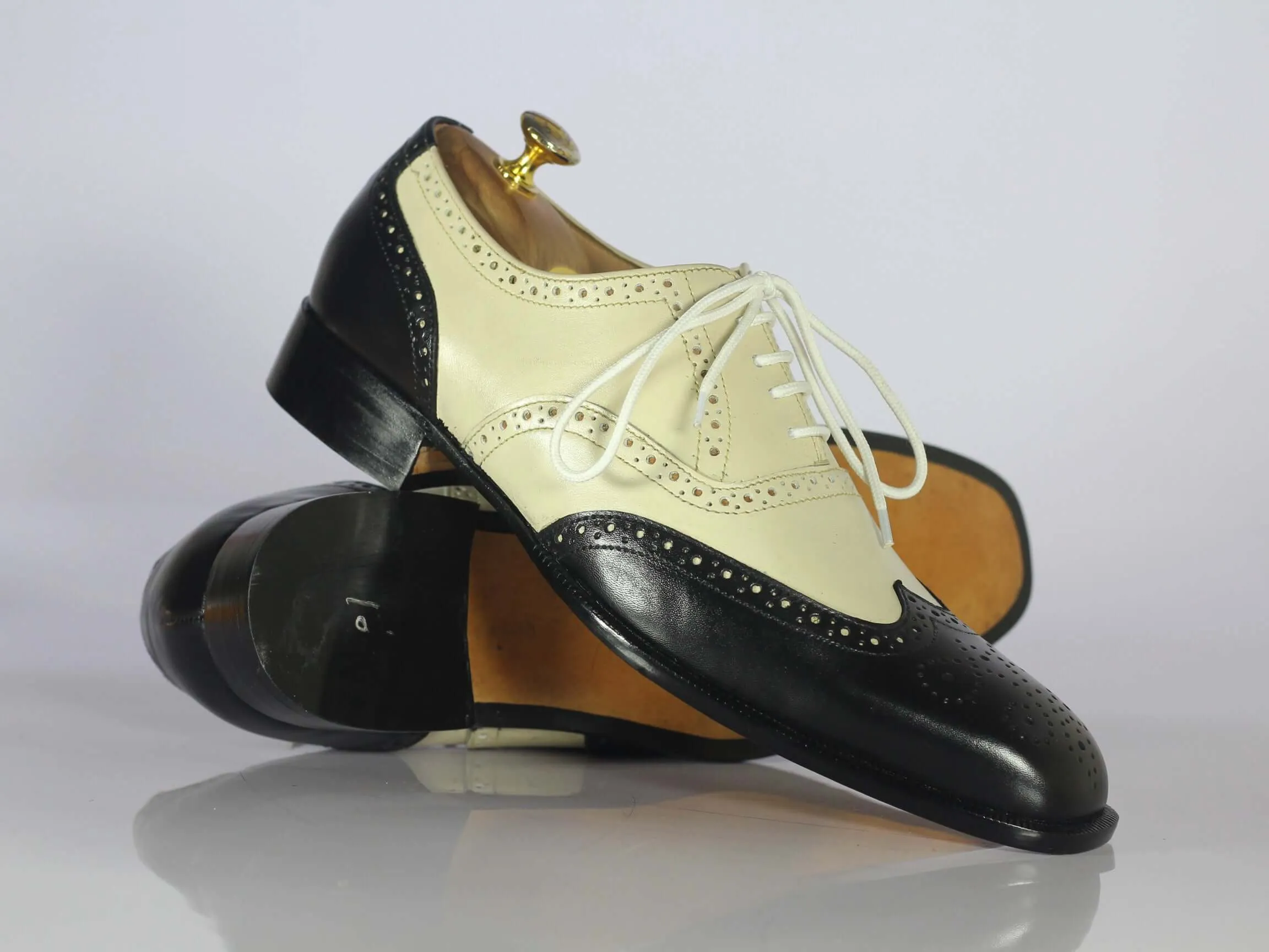 Men's Wing Tip Shoes, Men's Off White Black Leather Lace Up Shoes.