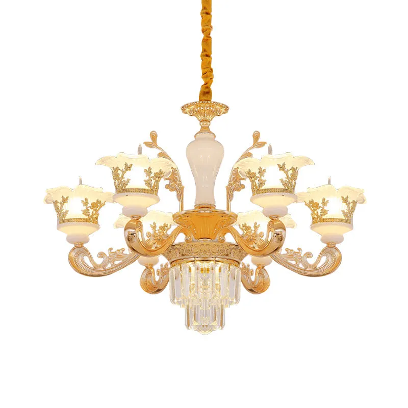 Modern Crystal Chandelier with Carved Frosted Glass Shade - 6 Bulbs, Gold, Pendant for Bedroom