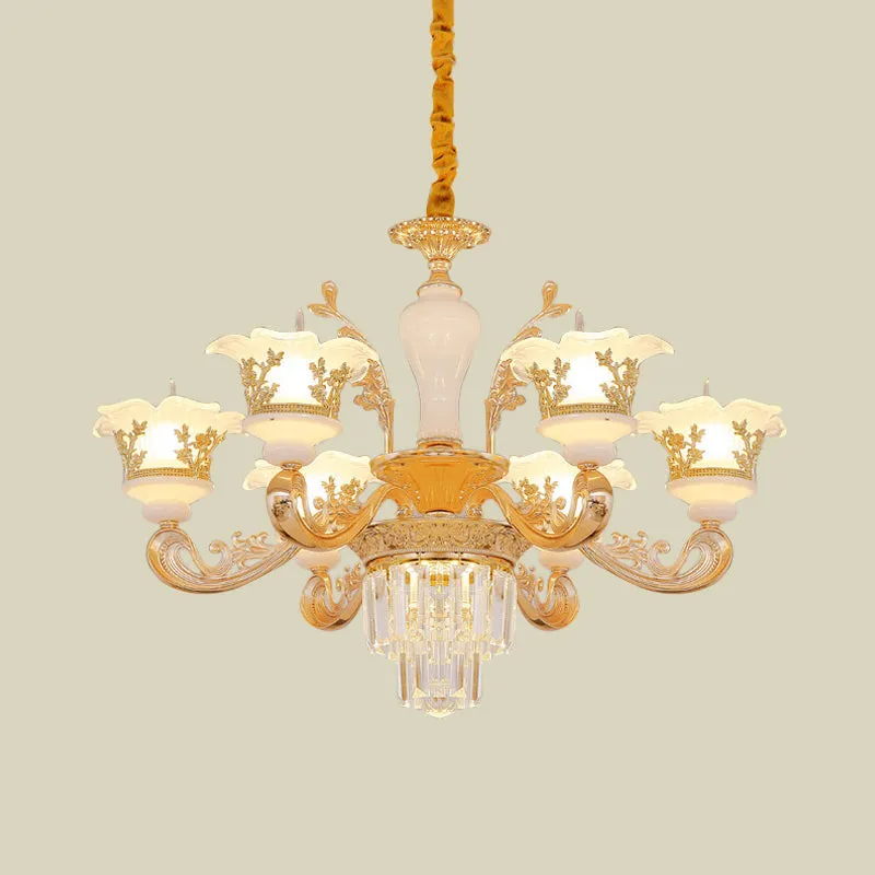 Modern Crystal Chandelier with Carved Frosted Glass Shade - 6 Bulbs, Gold, Pendant for Bedroom