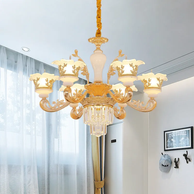 Modern Crystal Chandelier with Carved Frosted Glass Shade - 6 Bulbs, Gold, Pendant for Bedroom