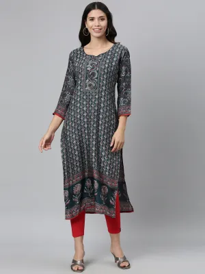 Neerus Women Teal Green Ethnic Motifs Printed Kurta