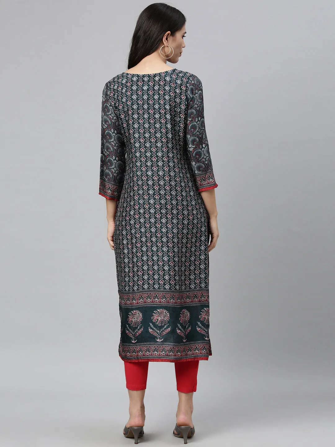 Neerus Women Teal Green Ethnic Motifs Printed Kurta