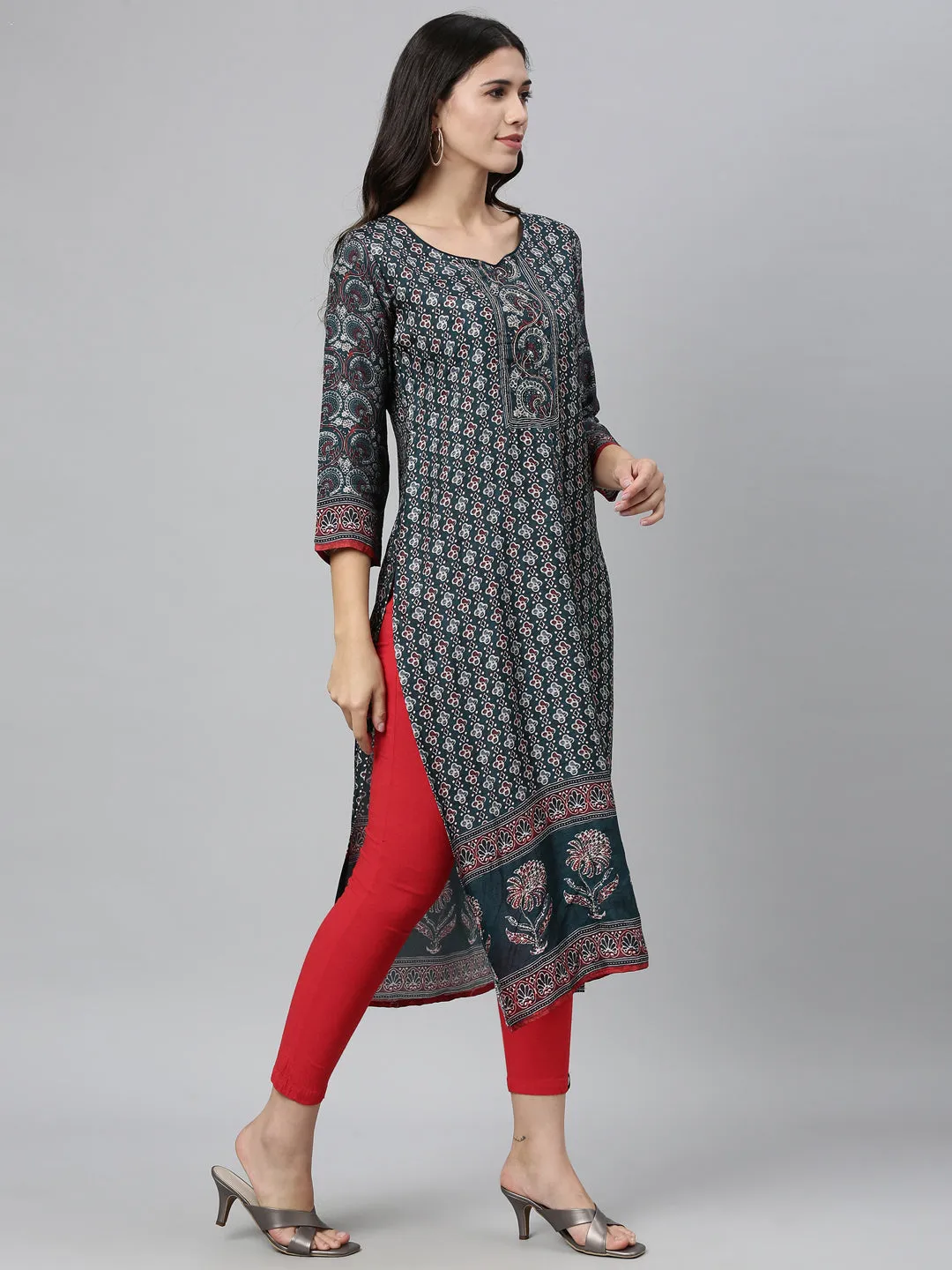 Neerus Women Teal Green Ethnic Motifs Printed Kurta