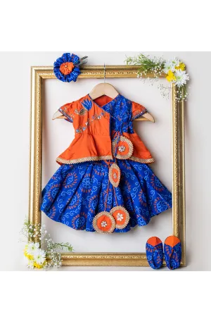 Orange And Blue Embroidered Top With Lehenga Set