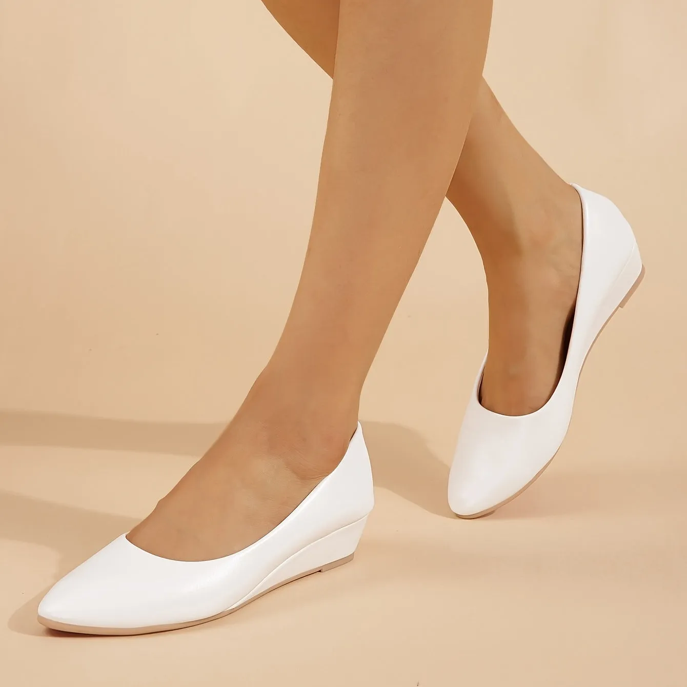 Pointed Toe Wedge Heeled Court Solid PU Leather Shoes