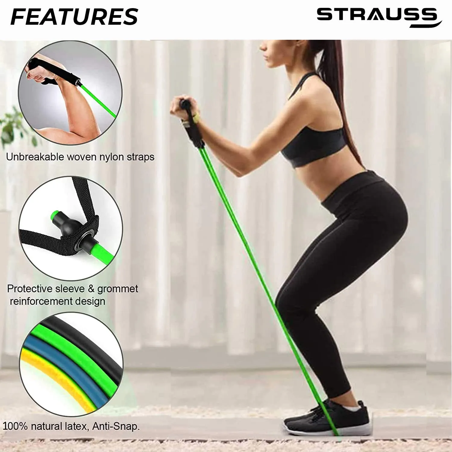 Strauss Triple Resistance Tube with Foam Handles| Door Anchor for Exercise & Stretching | Gym Equipment for Strength Training, Home & Gym Workout for Men & Women with Carry Bag | 19 Kg,(Green)