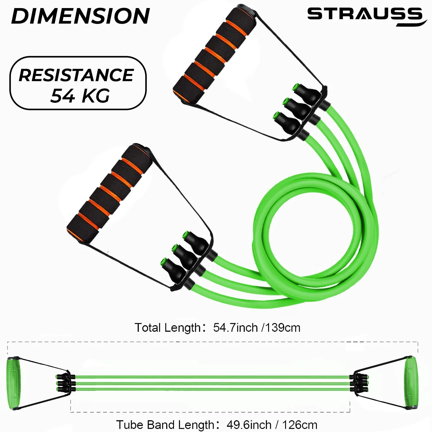 Strauss Triple Resistance Tube with Foam Handles| Door Anchor for Exercise & Stretching | Gym Equipment for Strength Training, Home & Gym Workout for Men & Women with Carry Bag | 19 Kg,(Green)