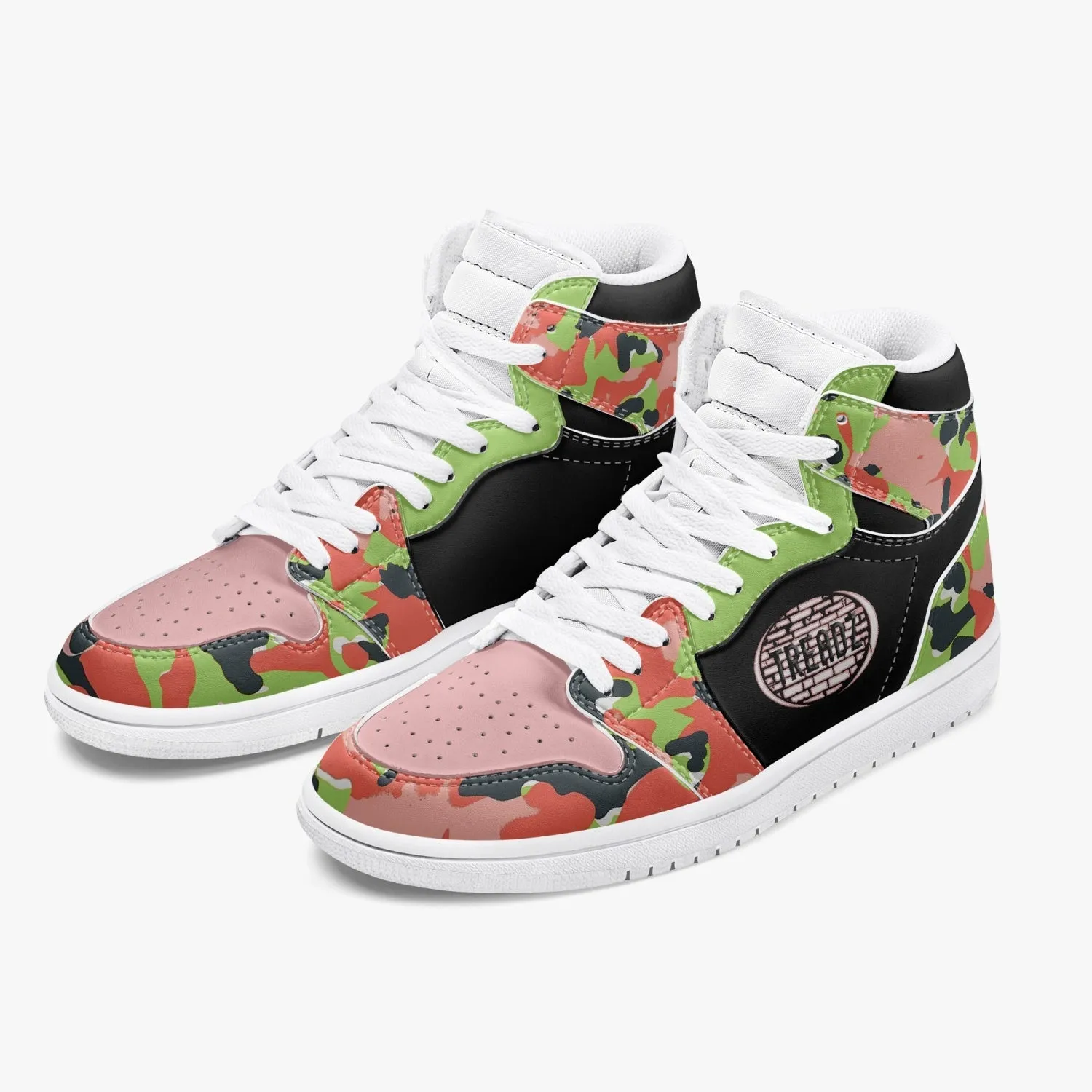 TREADZ 10 TOES DOWN UNITY OVER DIVISION AKA PINK AND GREEN CAMO HIGH TOP LEATHER SNEAKER