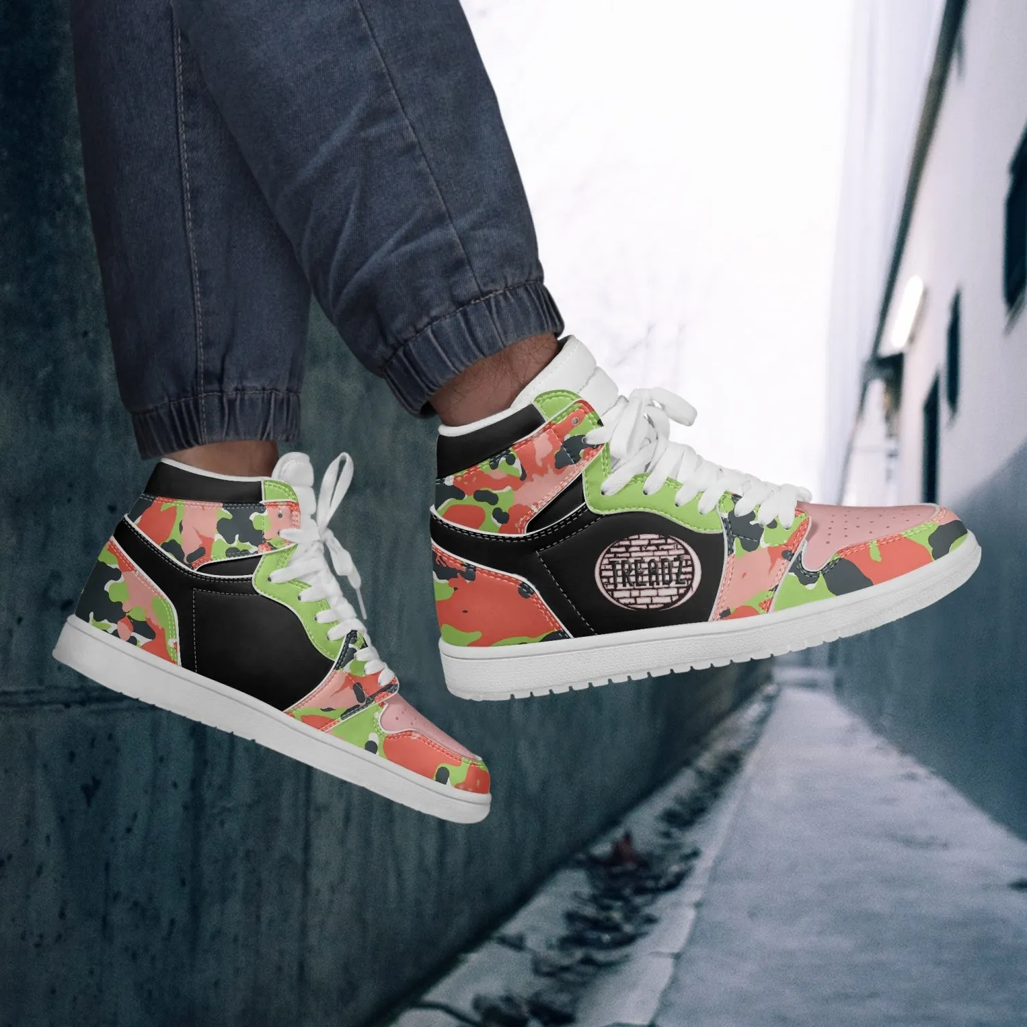 TREADZ 10 TOES DOWN UNITY OVER DIVISION AKA PINK AND GREEN CAMO HIGH TOP LEATHER SNEAKER