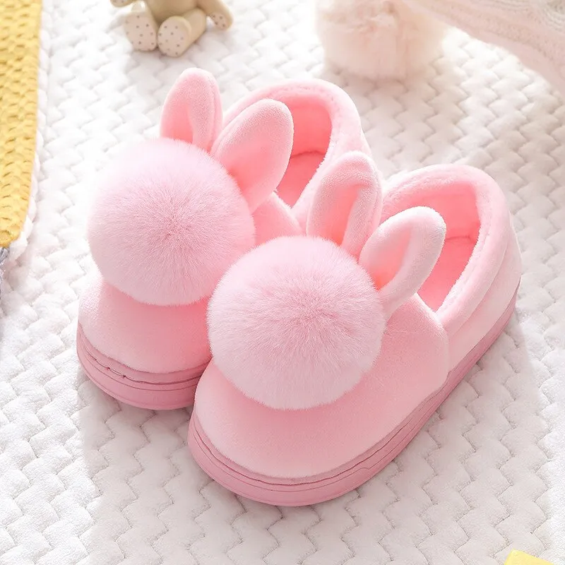 Unisex Cute Bunny Cartoon Cotton Warm Faux Fur Slippers For Kids