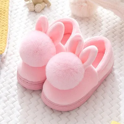 Unisex Cute Bunny Cartoon Cotton Warm Faux Fur Slippers For Kids