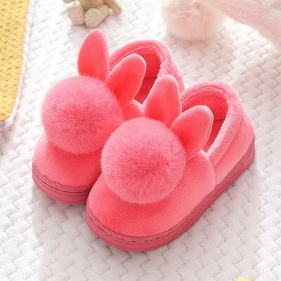 Unisex Cute Bunny Cartoon Cotton Warm Faux Fur Slippers For Kids