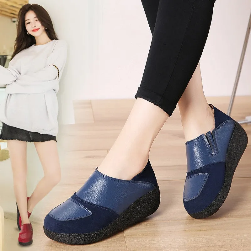 Women's leather classic elegant high platform slip-on casual shoes