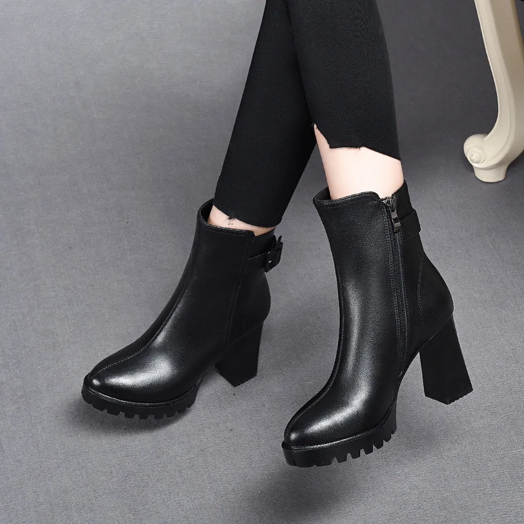 Women's Stylish Platform High Heel Leather Boots With Belt Buckle